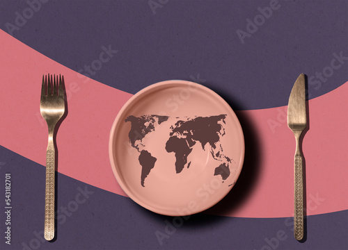 empty plate and cutlery on the background of the world map. Art collage. Global crisis, food supply problem. Conceptual message, starvation and famine issue. Hunger diet concept