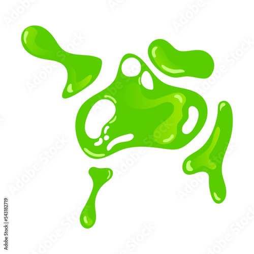 Green jelly like slime splash and blob. Vector illustration of sticky mucus splat or dripping goo liquid. Cartoon slimy droplet isolated on white