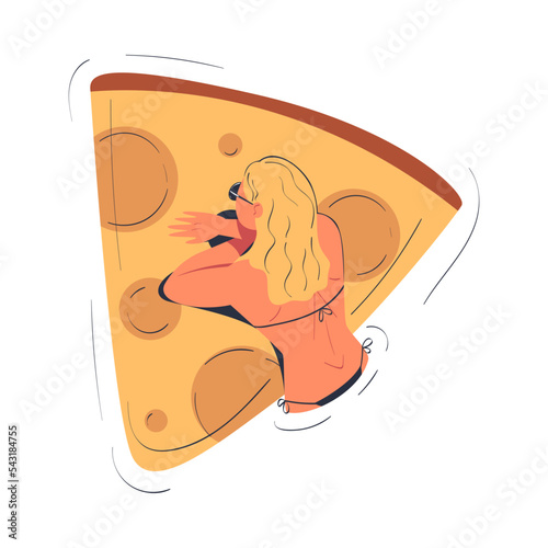 Woman Character in Sunglasses Floating on Cheese Air Mattress in Swimming Pool Vector Illustration