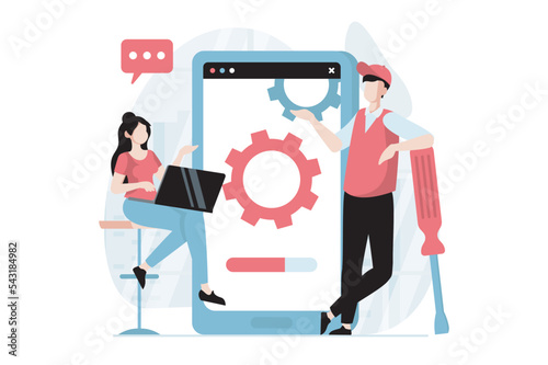 Server maintenance concept with people scene in flat design. Man and woman working in technology department and support software for mobile phones. Vector illustration with character situation for web