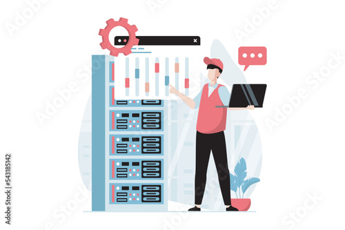 Server maintenance concept with people scene in flat design. Man working at server rack, settings hardware room equipment and optimization system. Vector illustration with character situation for web