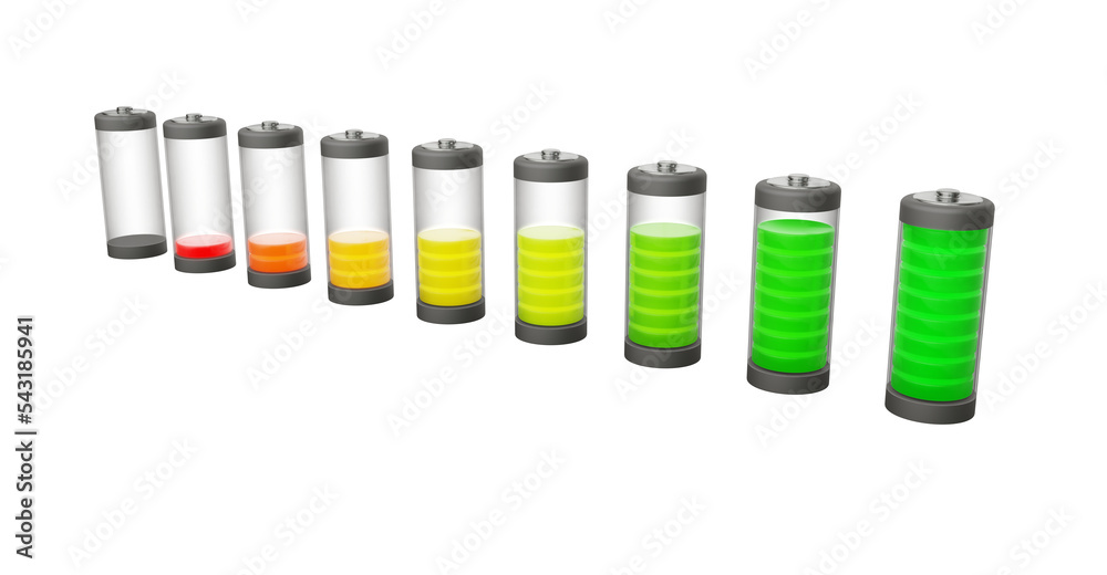 Batteries with a charge level on a transperent  background. 3d rendering