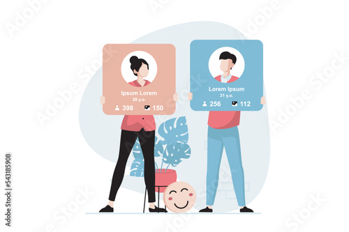 Social network concept with people scene in flat design. Man and woman maintain their online profiles in social networks, publish photos and posts. Vector illustration with character situation for web