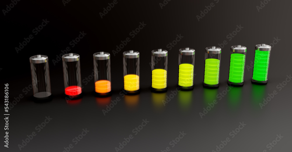 Fototapeta premium Batteries with a charge level on a dark background. 3d rendering