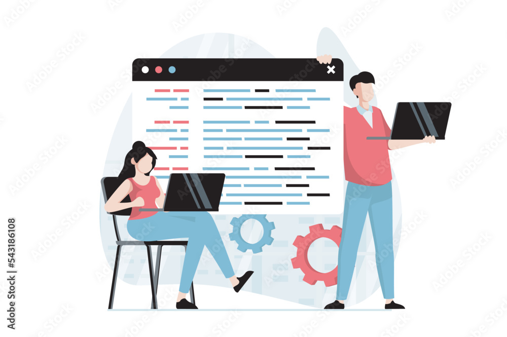 Software development concept with people scene in flat design. Man and woman working as programmer, writing code using laptops, develops programs. Vector illustration with character situation for web