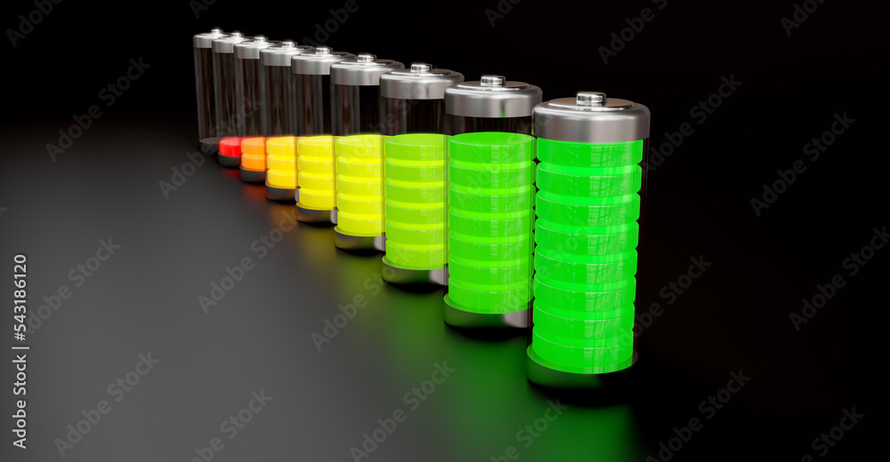 Batteries with a charge level on a dark background. 3d rendering Batteries with a charge level on a dark background. 3d rendering