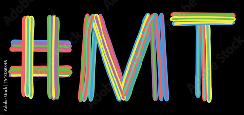 MT Hashtag. Multicolored bright isolate curves doodle letters like from marker, oil paint. #MT is abbreviation for the USA state Montana for social network, web resources, mobile apps.