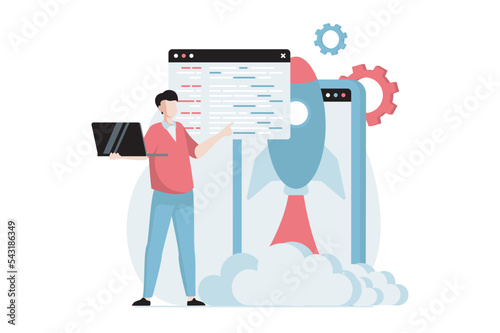 Software development concept with people scene in flat design. Man developing new product, creating program and working in IT startup company. Vector illustration with character situation for web
