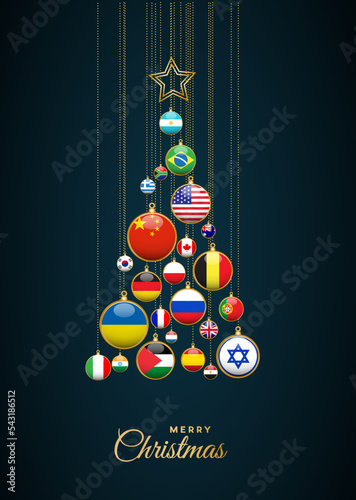 Christmas tree with national flags, world peace without wars. Vector illustration, greeting card.