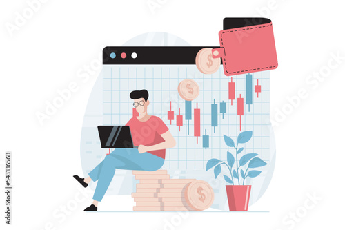 Stock market concept with people scene in flat design. Man analyzes bar chart from laptop, buys and sells shares of company for earning profit. Vector illustration with character situation for web