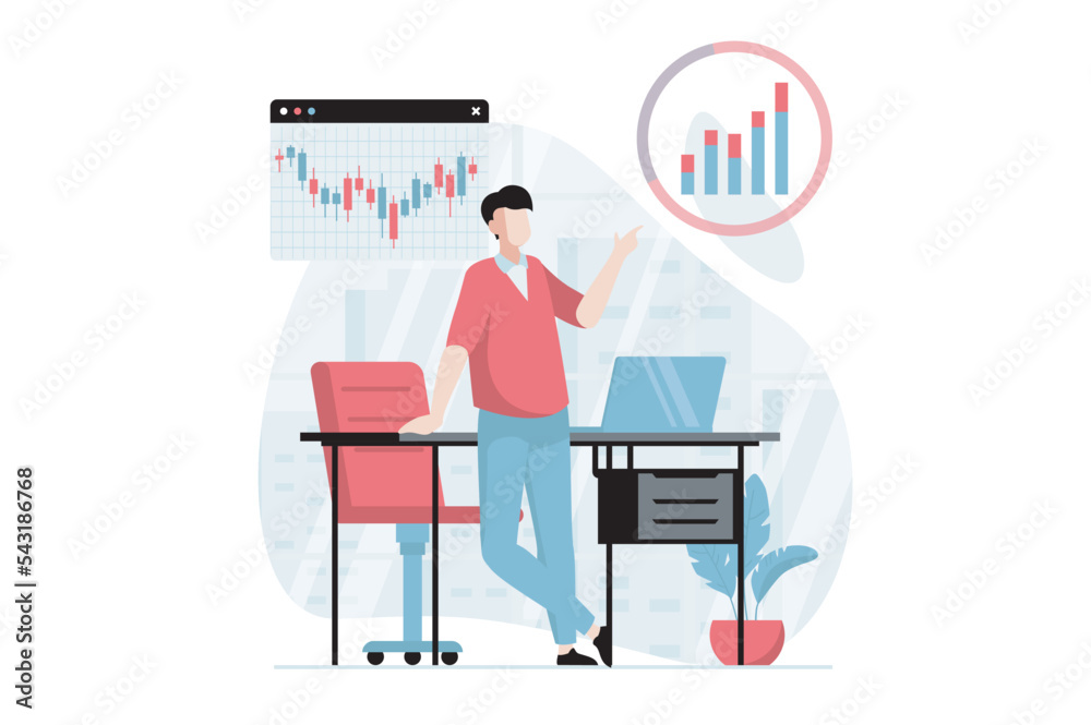 Stock market concept with people scene in flat design. Man is engaged in trading, analyzes bar graphs, charts and market trends, invests money. Vector illustration with character situation for web