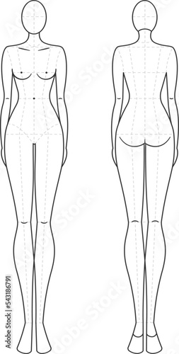Sketch of the female body. Front and back view.Technical drawing with main lines. 