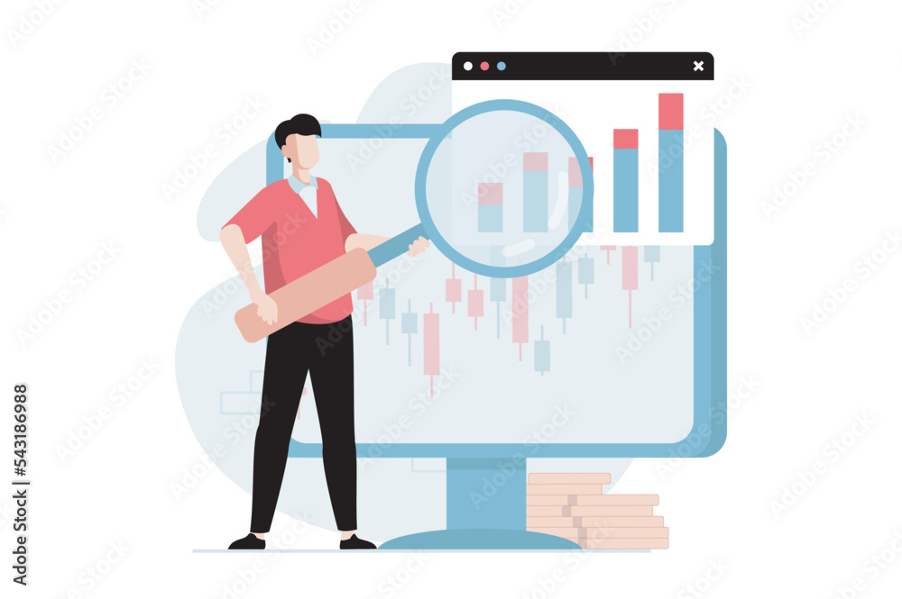 Stock market concept with people scene in flat design. Man with magnifier analyzes growing financial statistics and stock performance on exchange. Vector illustration with character situation for web Stock market concept with people scene in flat design. Man with magnifier analyzes growing financial statistics and stock performance on exchange. Vector illustration with character situation for web