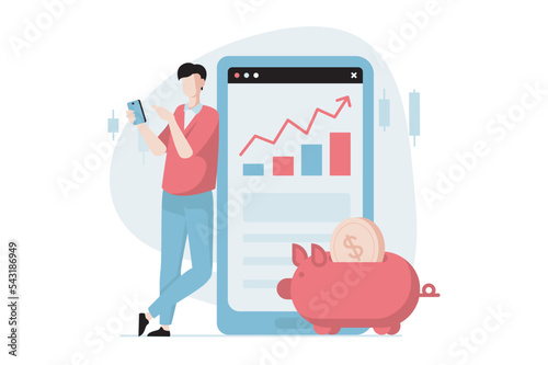 Stock market concept with people scene in flat design. Man analyzes market statistics and stock performance on exchange, manages using mobile app. Vector illustration with character situation for web