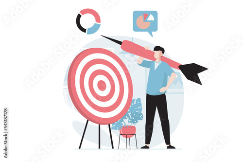 Strategic planning concept with people scene in flat design. Man analyzes data and market trends, finds new solutions and creates targeting. Vector illustration with character situation for web