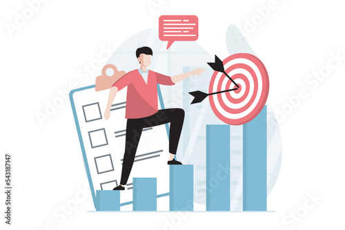 Strategic planning concept with people scene in flat design. Man develops business, analyzes data, plans schedule, finds new solutions, targeting. Vector illustration with character situation for web