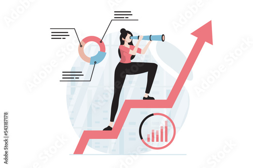 Strategic planning concept with people scene in flat design. Woman finds new opportunities, plans strategy for development and profit growth. Vector illustration with character situation for web