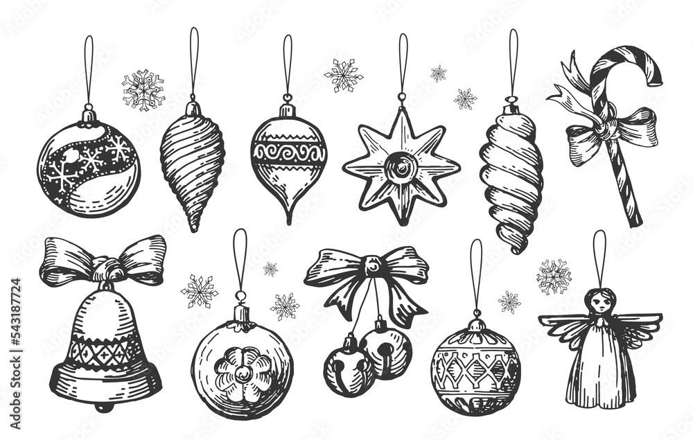 Retro Christmas decorations and balls collection. Vintage holiday elements set. Hand drawn sketch vector illustration
