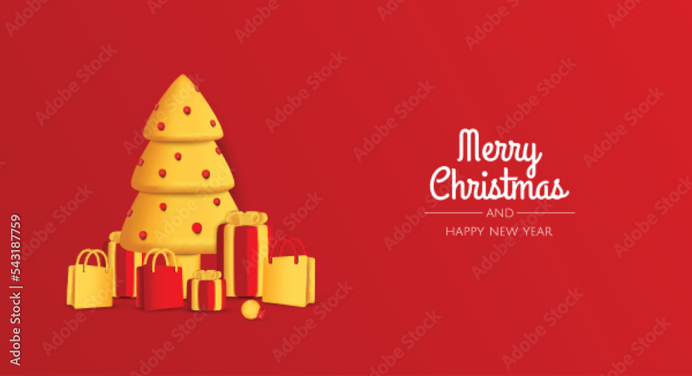 Merry Christmas and Happy New Year. Christmas background design, Christmas trees, decorative balls, gift. Festive gift card, holiday poster, web banner, website header.