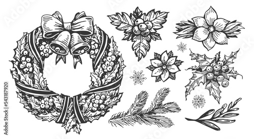 Christmas wreath with bells. Hand drawn set retro holiday floral decorations. Vintage sketch vector illustration