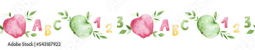 Watercolor seamless border with apples, numbers and greenery. Colorful horizontal school frame for creative design