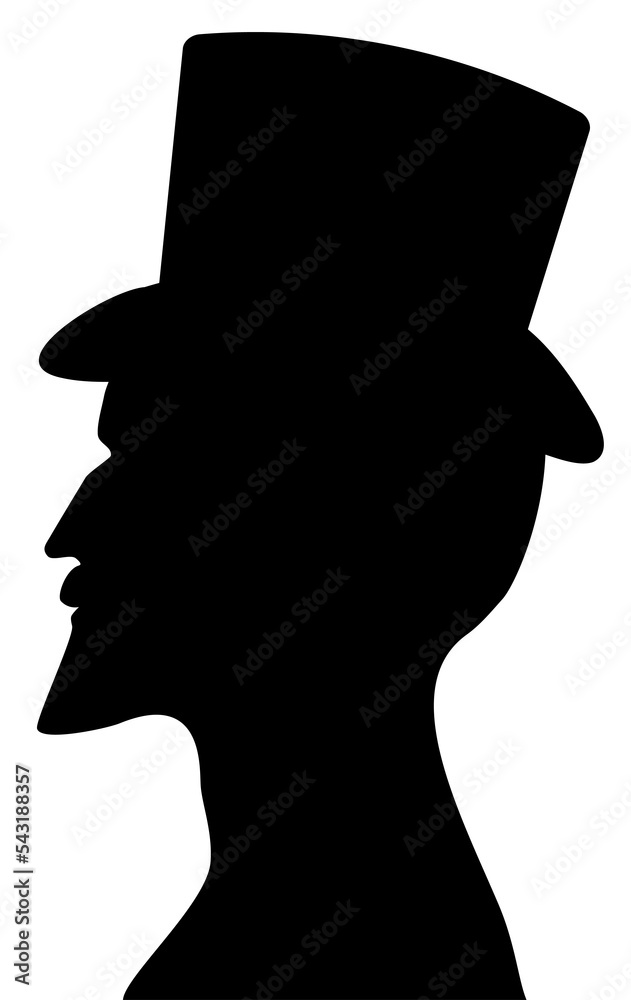 Old male profile silhouette in a tall hat - obrazy, fototapety, plakaty 