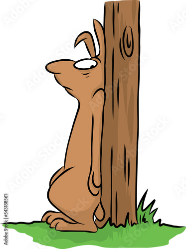 niedlicher brauner Hase versteckt sich hinter einem Baum