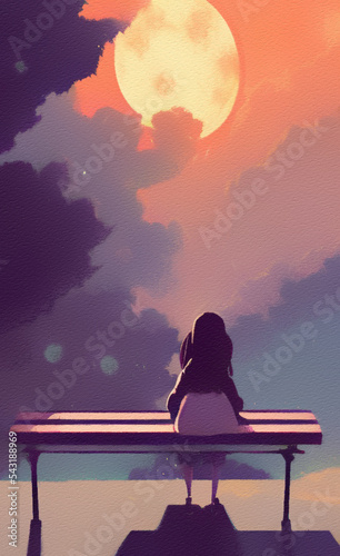 Digital painting illustration of little girl sits on the moon and looks into the distance, in the sky there is a space landscape and planets. Fantasy wall art drawing in modern contemporary style