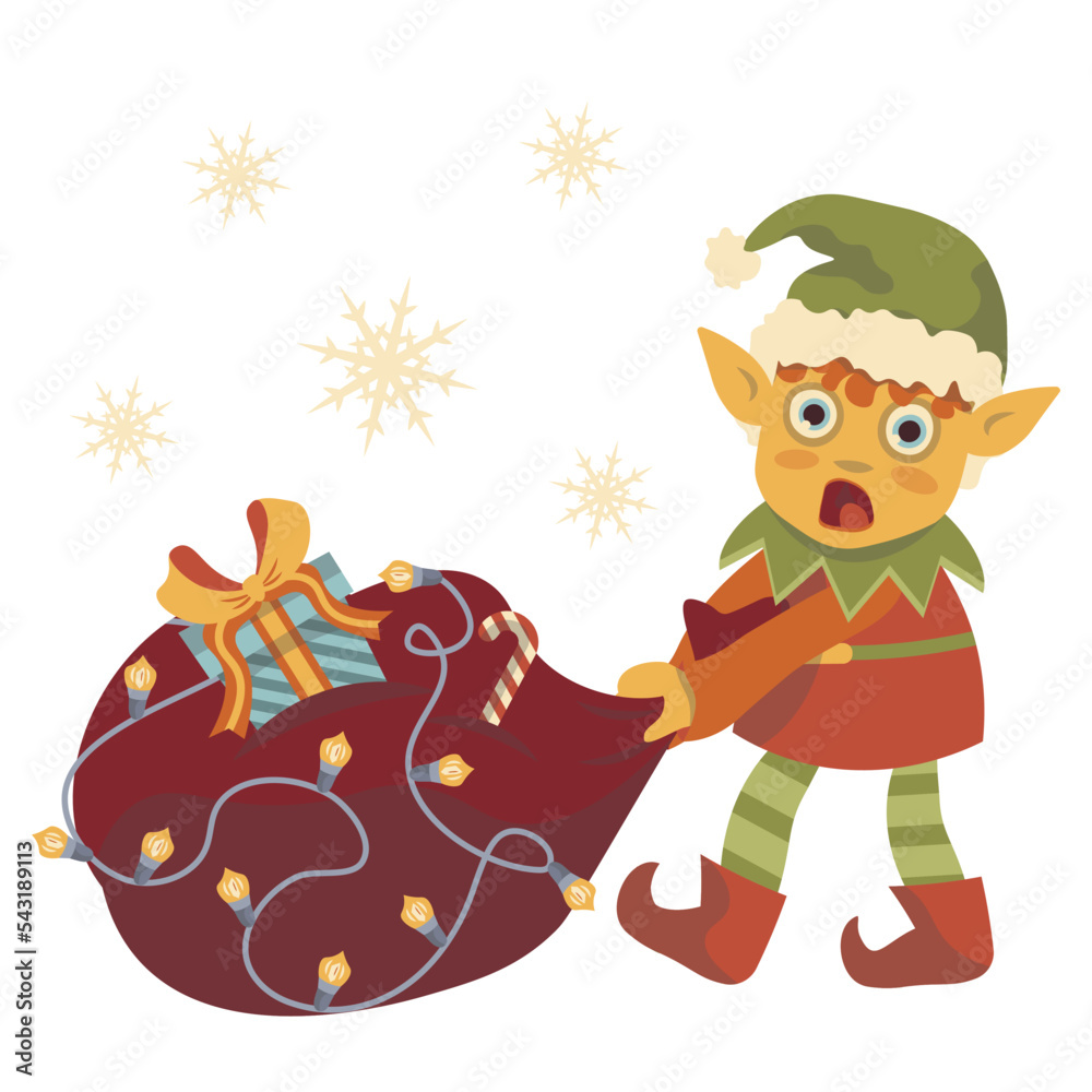 Naklejka premium christmas elf dragging a big bag with gifts vector christmas new year