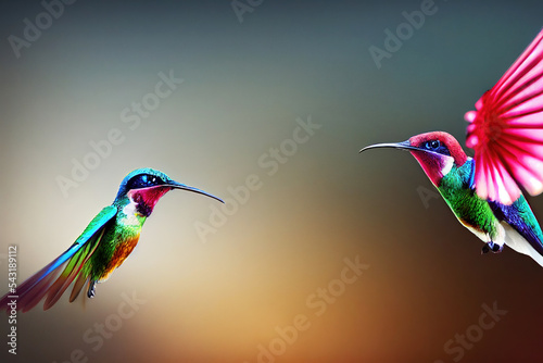 Two colibri hummingbirds flying and looking at each other photo