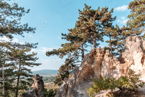Beautiful view of the Sorrento Rocks in Budaors (Farkas Hill)) limestone mountains surrounded by a green pine forest, mediterranean landscape on a sunny day, hiking in Hungary photo
