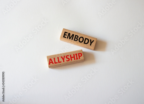 Embody Allyship symbol. Concept word Embody Allyship on wooden blocks. Beautiful white background. Business and Embody Allyship concept. Copy space