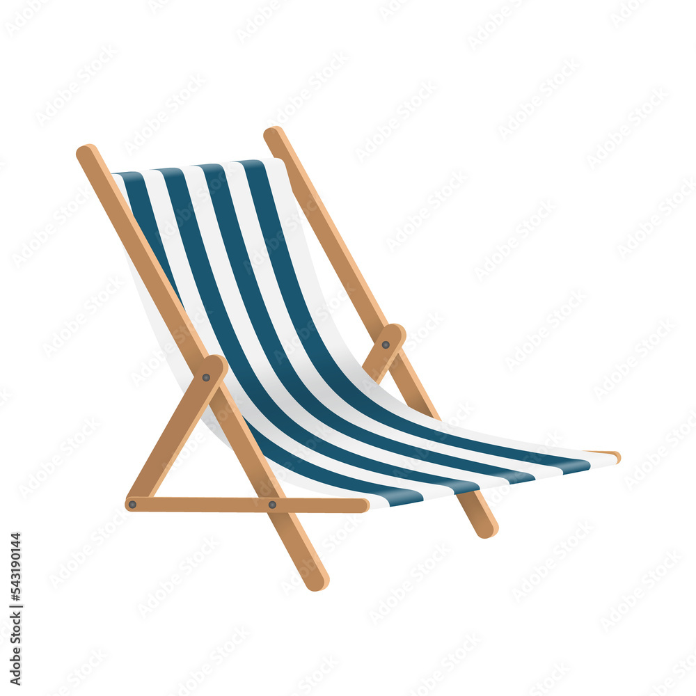blue and white striped beach chair or deck chair - obrazy, fototapety, plakaty 