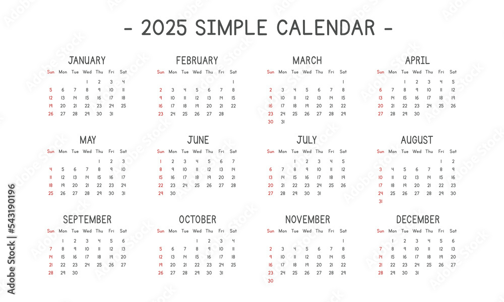 2025 calendar in simple style vector illustration. Simple classic