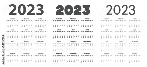 2023 calendar in different fonts style vector illustration. Simple classic monthly calendar for 2023 in sans, bold, cartoon font. The week starts Sunday. Minimalist calendar planner year 2023 template