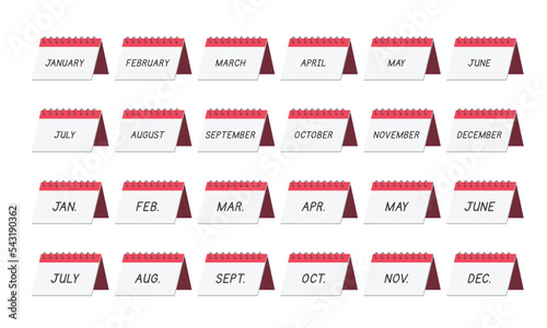 Set of simple desk calendar clipart vector illustration. Cute monthly table calendar showing months of the year and their abbreviations flat cartoon hand-drawn style. Organization, event concepts
