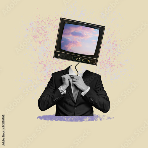 Business man with a retro TV instead of a head on a beige background, surreal, modern art, collage