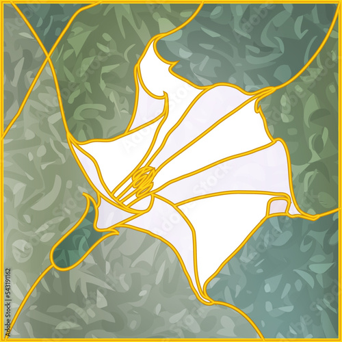 Leaded pane. Tiffany stained glass for the interiors. White flowers on a green background of leaves. Vector composition of flowers. Stained glass window for interior design. 