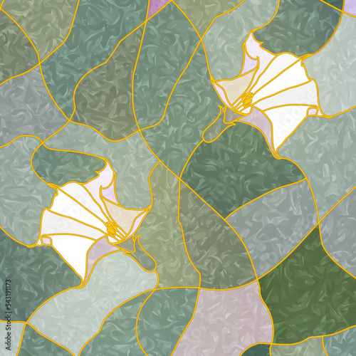 Leaded pane. Tiffany stained glass for the interiors. White flowers on a green background of leaves. Vector composition of flowers. Stained glass window for interior design. 