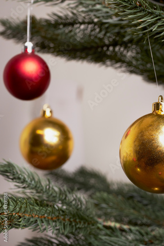 closeup of red decoration and ornaments for christmas tree
