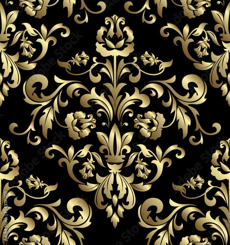 Wallpaper in the style of Baroque. Seamless vector background. Gold and black floral ornament. Graphic pattern for fabric, wallpaper, packaging. Ornate Damask flower ornament