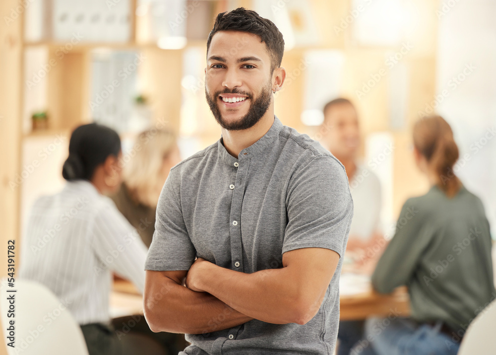 Portrait, businessman and arms crossed in office or meeting with smile. Leadership, vision and happy male manager, ceo or company leader with goals, targets and success mindset in corporate workplace Portrait, businessman and arms crossed in office or meeting with smile. Leadership, vision and happy male manager, ceo or company leader with goals, targets and success mindset in corporate workplace