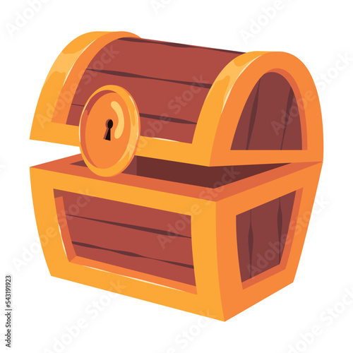 Empty old wooden chest for gold treasure. Vector illustration of key frames animation. Cartoon wood box of lucky pirate isolated on white