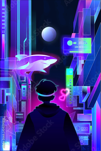A silhouette of a person with vr glasses against a virtual street. Template for a virtual reality poster. Meta concept. Metaverse city Vector illustration