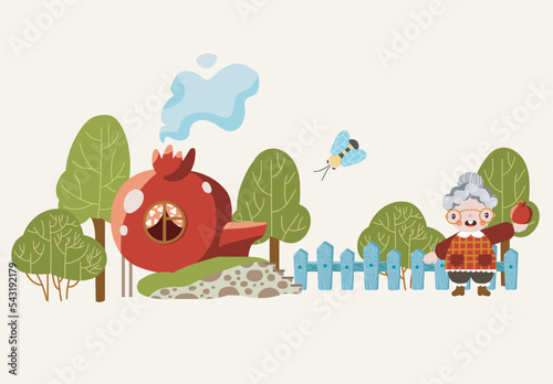 Cute garden with a house made of pomegranate. An old lady in her garden.
