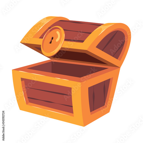 Empty half open lid old wooden chest for gold treasure. Vector illustration of key frames animation. Cartoon wood box of lucky pirate isolated on white