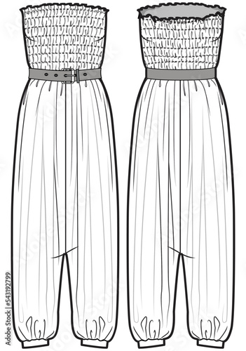 Smocked Tube Jumpsuit Front and Back View. Fashion Illustration, Vector, CAD, Technical Drawing, Flat Drawing, Template, Mockup.	