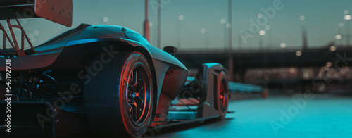 side F1 on hightway,black racing car at night background blur on the road, 3d render and illustrater