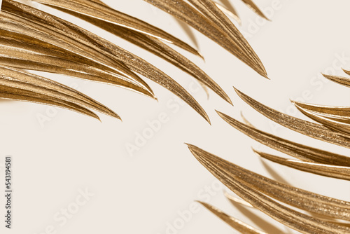 Golden palm leaf close up as styled botanical background, beige monochrome image. Painted metallic golden tropical plant. Creative aesthetic elegant background for spa, wedding, beauty