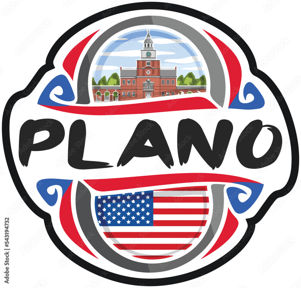 Plano USA United States Flag Travel Souvenir Sticker Skyline Landmark Logo Badge Stamp Seal Emblem